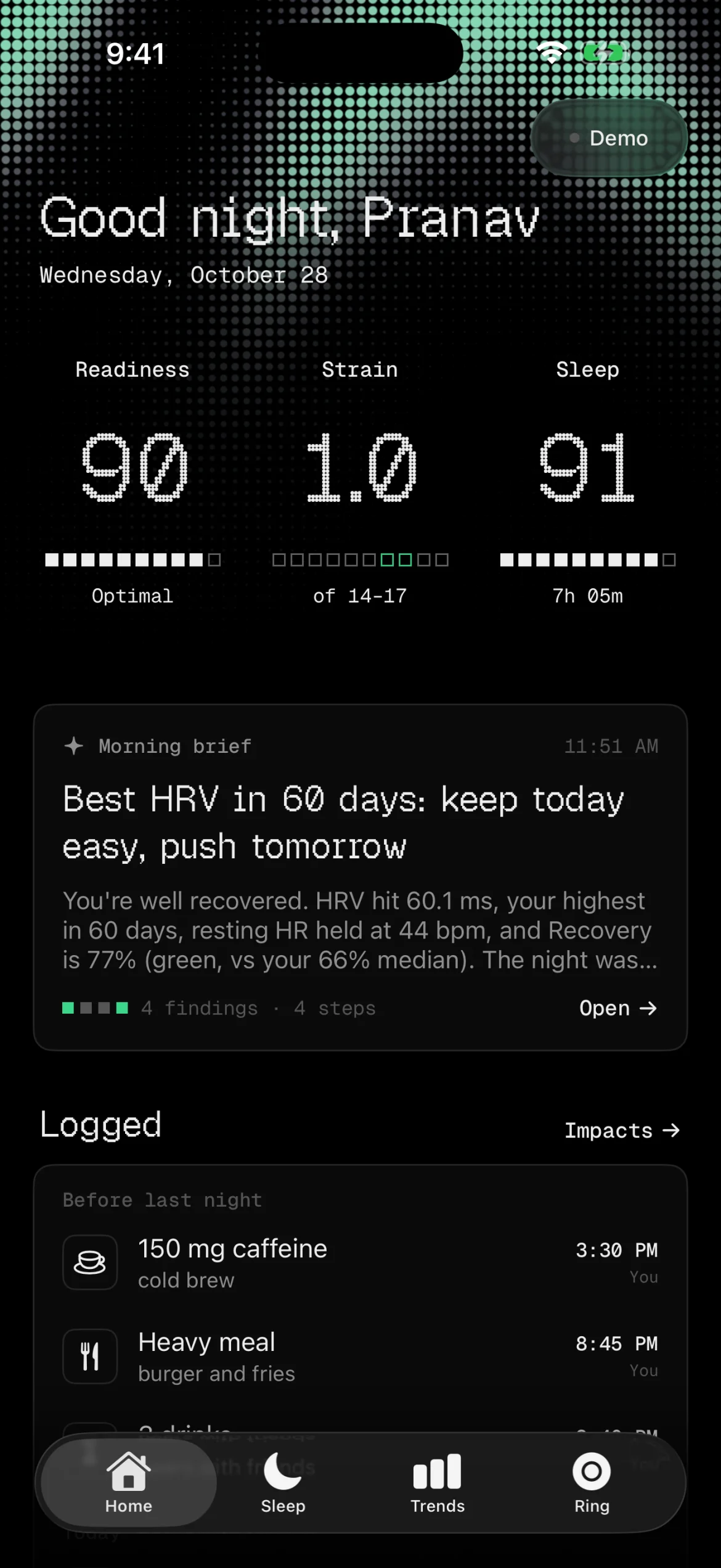Halo's home screen in dark mode. A dotted green header says Good night, Pranav. Below it are three scores in a pixel font: Readiness 90 (Optimal), Strain 1.0 against a target of 14 to 17, and Sleep 91 for 7h 05m. Then a Morning brief card titled 'Best HRV in 60 days: keep today easy, push tomorrow', and a Logged list with 150 mg of caffeine and a heavy meal.