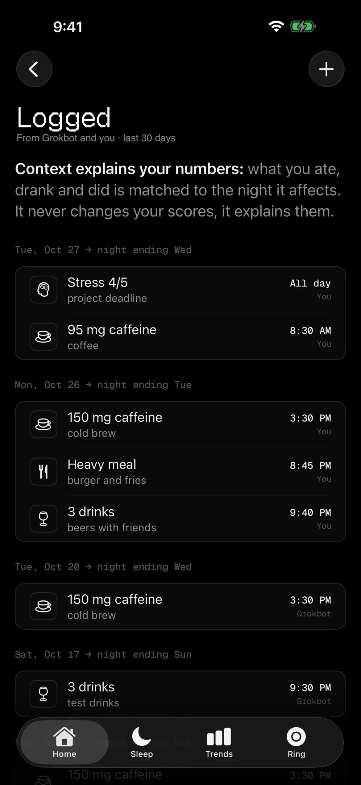 Halo's Logged screen, with context from Grokbot and the user over the last 30 days grouped by the night it affects: stress 4/5 from a project deadline, 95 mg of coffee, 150 mg of cold brew at 3:30 PM, a heavy burger dinner at 8:45 PM and 3 drinks at 9:40 PM.